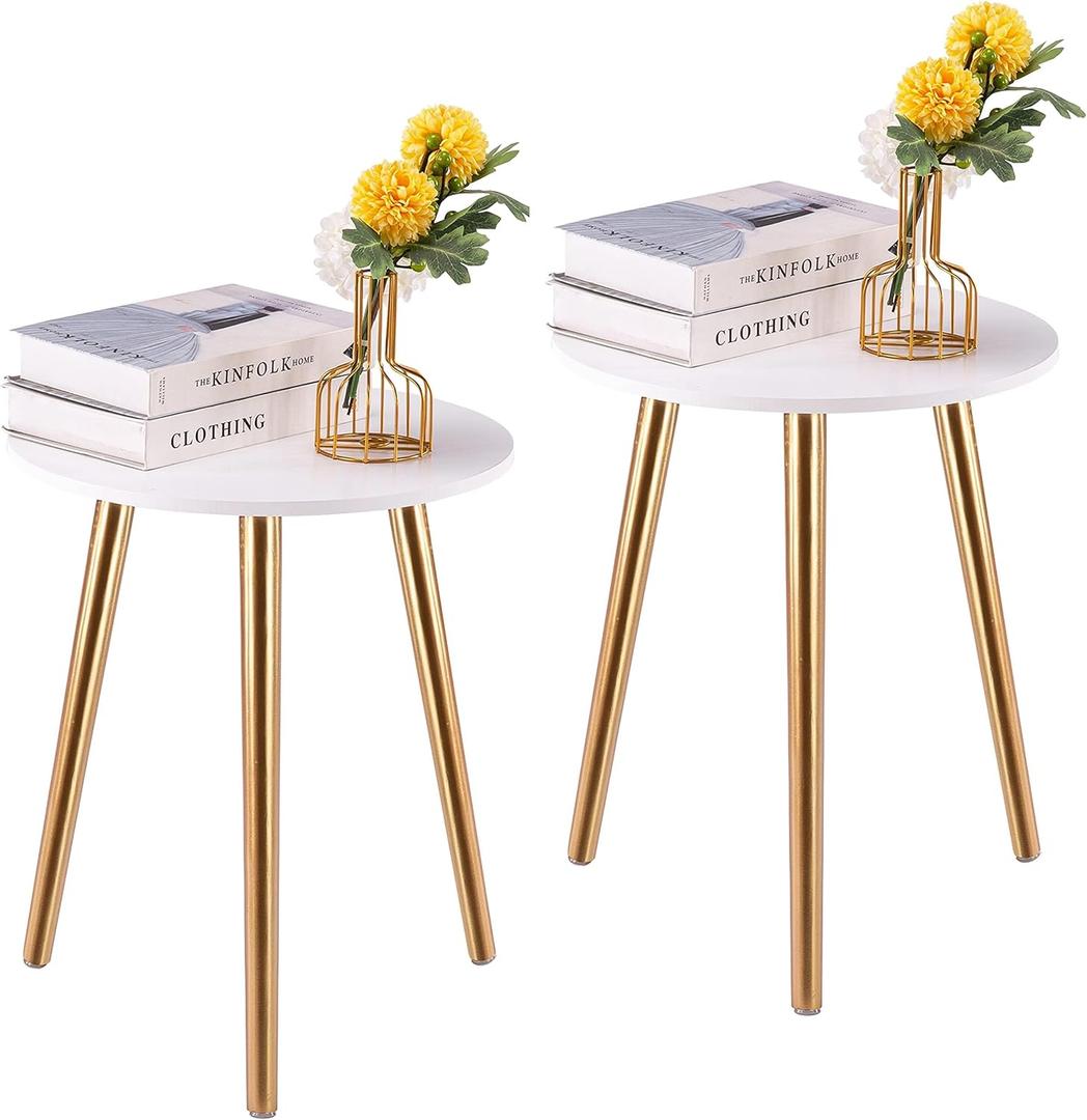 Apicizon Round Side Table Set of 2, White Nightstand Coffee End Table for Living Room, Bedroom, Small Spaces, Morden Side Table Home Decor Bedside with Wood Legs 16.5 Inches