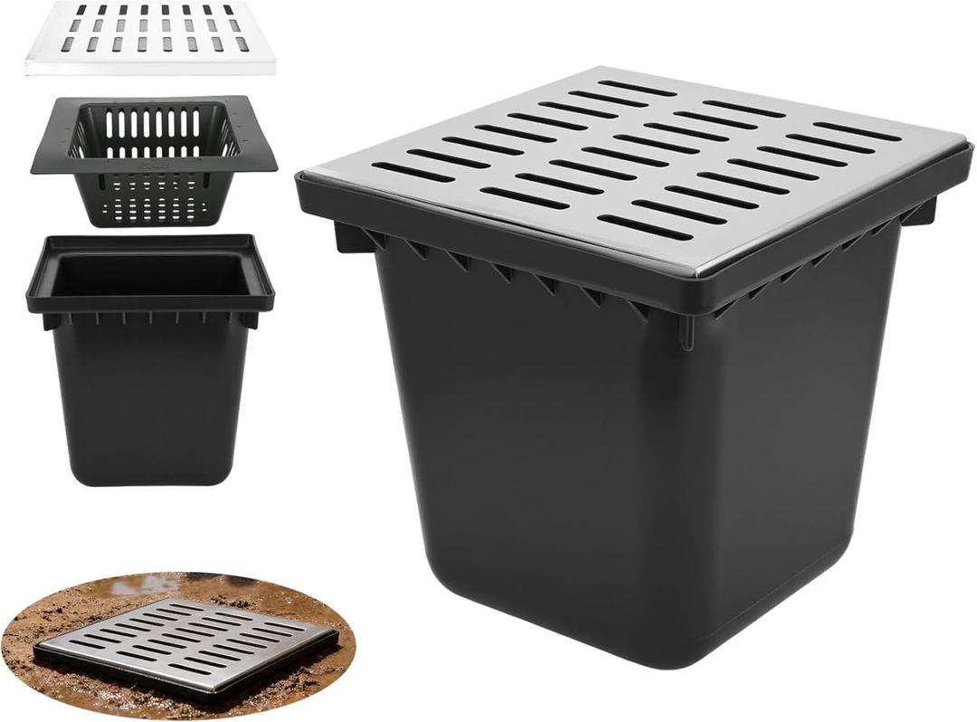 tonchean Catch Basin with Stainless Steel Grate, 18x18x15 in. Large Drainage Basin with Debris Basket, French Drain Without Reserved Hole for Yard, Downspout, Lawn, Municipal Pipeline