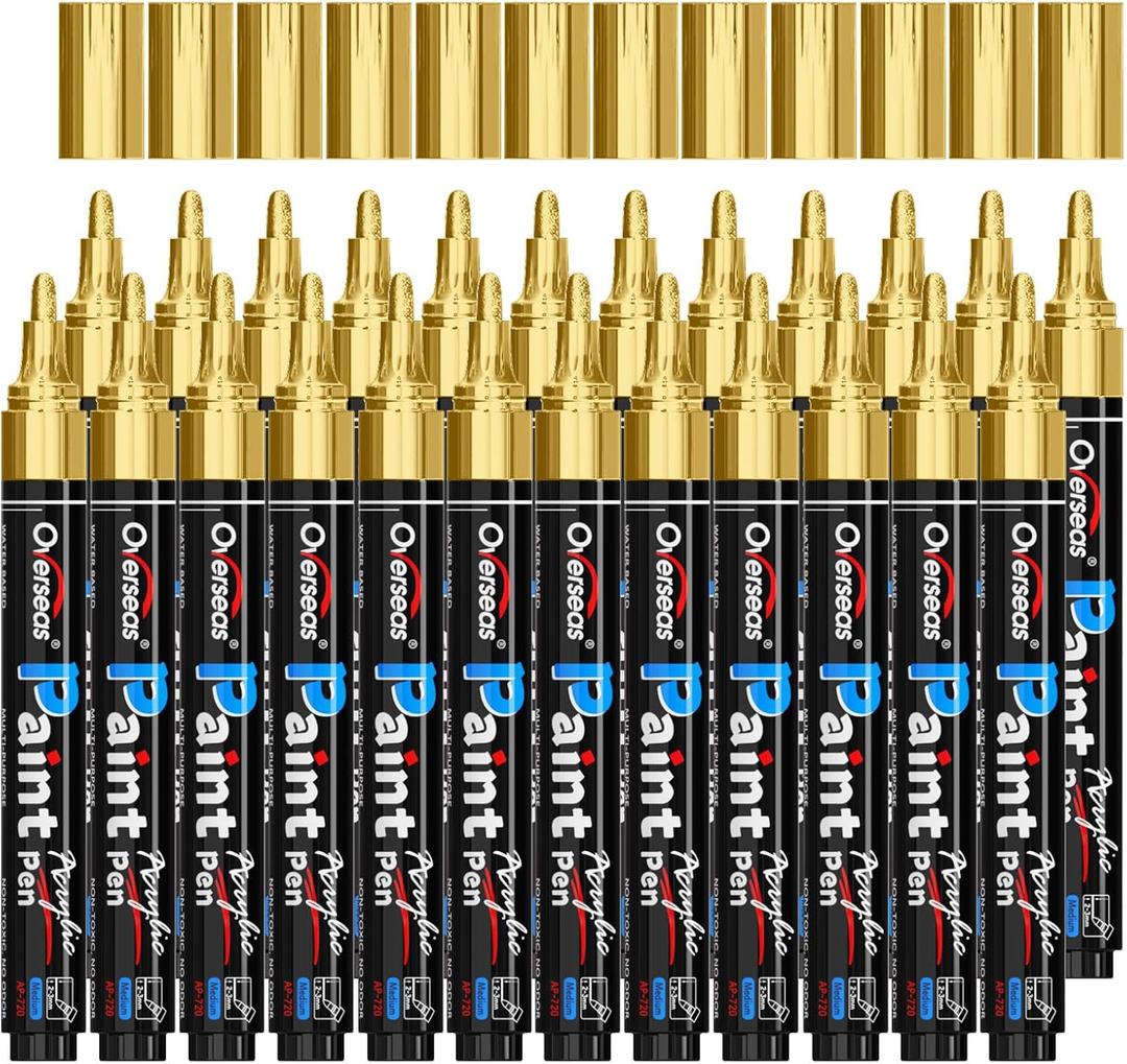 Overseas Metallic Gold Acrylic Paint Markers Pens Set - 24 Pack Acrylic Permanent Markers, Water-Based, Quick Drying, Waterproof, Medium Tip Paint Pens for Rock, Wood, Plastic, Metal, Canvas, Glass