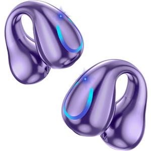 Ultra Open Ear Headphones Bluetooth 5.3 Wireless Clip On Earbuds with Digital Display Charging Case 60 Hours Playtime Sport Earphones Built-in Mic IPX7 Waterproof for Running Fitness Purple