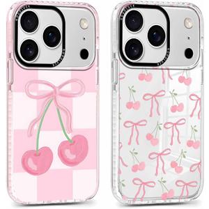 2 Pack Cute Coquette Bow Phone Case for iPhone 17 Pro 6.3", Clear Aesthetic Pink Cherry Ribbon Checkered Pattern Print Design Women Girls Case Soft Slim Shockproof TPU Protective Funda Cover