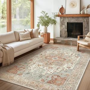8x10 Area Rugs for Living Room, Machine Washable Non Slip Vintage Rugs, Low Pile Lightweight Chenille Print Rug for Bedroom, Dining Room, Home Office, Rose Beige