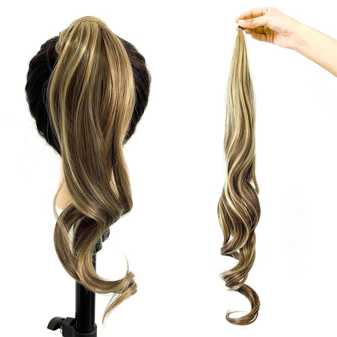 Chicmoi Chocolate Brown Ponytail Extainson with Blonde Highlight 32 Inch Flexible Wrap Around Ponytail Hair Extension Long Wavy Pony Tails hair Extension Synthetic Hairpieces For Women and Girls
