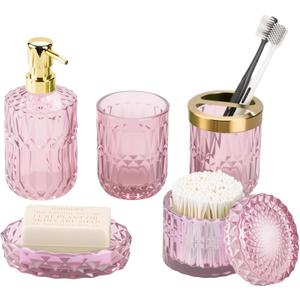 Pink Bathroom Accessories Set, 5Pack Clear Glass Bathroom Accessories, Includes Lotion Soap Dispenser, Toothbrush Holder, Qtip Holder and Soap Dish, Vintage Bathroom Decor