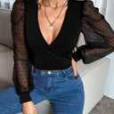 Fayenne Womens Tops Deep V Neck Cross Wrap Sexy Tops Polka Dot Mesh Long Sleeve T Shirt Casual Blouses (Black, XXXL)