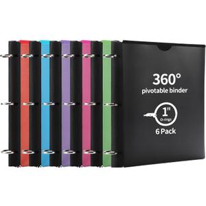 360 Pivotable 3 Ring Binder, Upgraded Foldable Binders 1 inch 6 Pack, Thin Small Three Ring Binder Fits 8.5" x 11", for Home, School and Office Binders Supplies - 6 Assorted Color (Black+green+blue+red+pink+purple)