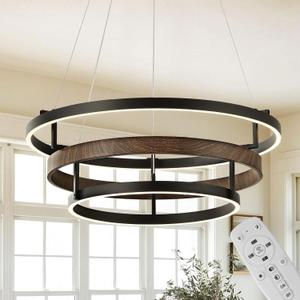 Modern LED Chandelier with Remote, Dimmable Ring Pendant Light Walnut Wood Black Circular Chandeliers for Dining Room Living Room Entryway Bedroom Office
