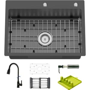 Black Kitchen And Bar Sink With Faucet-25x18 Inch Stainless Steel Drop In Modern Single Bowl Topmount Bar Sink With Faucet,SS Grid,Spoon Rest,Drain Strainer Set Compatibility With Various Kitchen