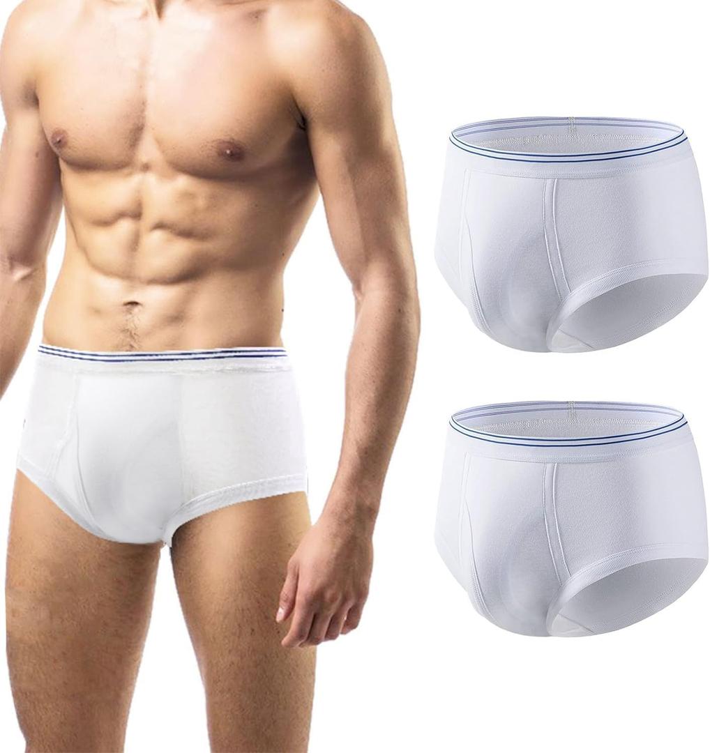 Incontinence Underwear for Men Washable 2-Pack Men's Urinary Incontinence Briefs Reusable Incontinence Underwear for Leak Protection,Comfort, Built in Cotton Pad, Incontinence Underwear, X-Large (X-Large, White-2pcs)