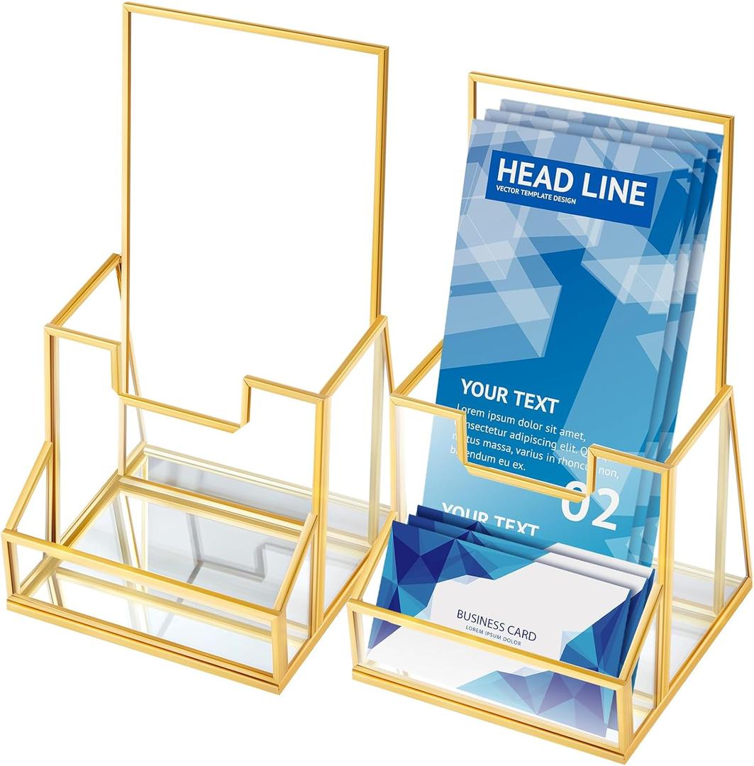 Fuyoooo 2 Pcs 4 Inches Gold Glass Brochure Holder Countertop Literature Trifold Pamphlet Stand with Business Name Card Holder Flyer Brochure Display for Magazine, Booklets, Menu, Journals Display