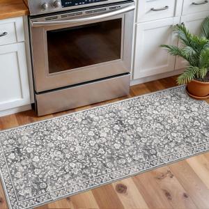 Vintage Washable 2x5 Rug Runner, Gray Ivory Runners for hallways, Super Soft Kitchen Runner Rug Non Slip, Print Faux Wool Floral Thin Carpet Runner for Entryway Indoor Bedroom