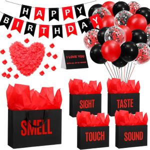 Soulchen 5 Senses Gift Bags for Him Her with Labels, Five Senses Gift Birthday Party Decoration Tissue Paper Handles, Comes with Rose Petals Banner Balloons for Party(Birthday,Red Black)