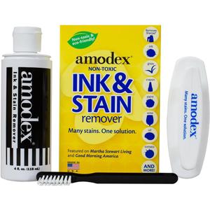 Amodex Ink & Stain Kit with Stain Remover Brushes, Removes Ink, Sharpie, Grease, Food and More, Safe and Effective on Clothes, Leather and Skin, Includes 1 Bottle and 2 Brushes