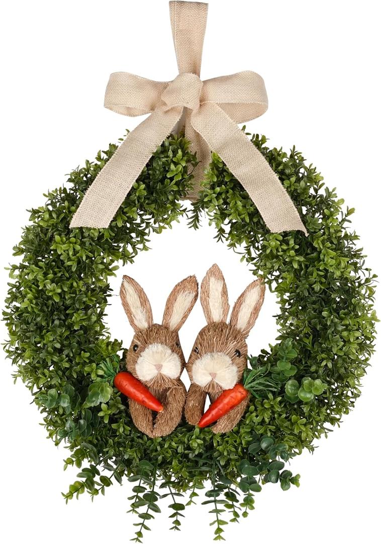 22" Spring Easter Wreath for Front Door - Easter Bunny Wreath - Artificial Green Boxwood Wreath with Burlap Bow & Sisal Bunnies - Spring Easter Holiday Decor for Home Door, Porch, Wall, Window