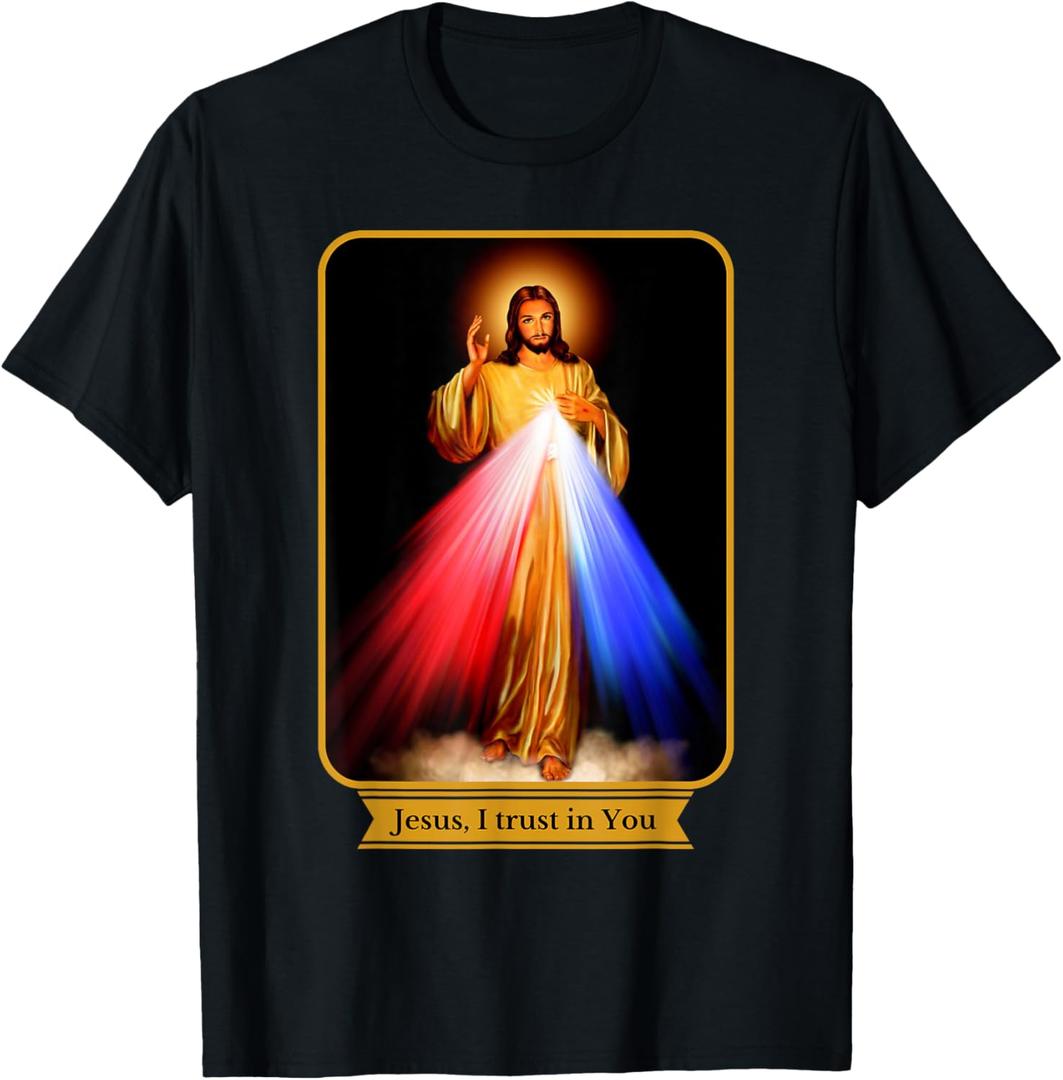 Divine Mercy Jesus I Trust In You Catholic T-Shirt (Small, Black)