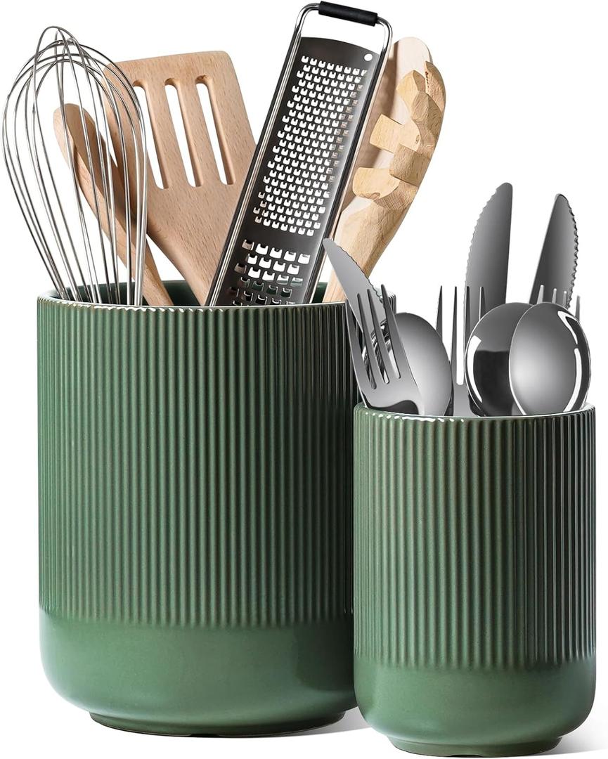 LE TAUCI Utensil Holder for Kitchen Counter, 7.3"+5.4" Fluted Ceramic Utensil Crock Organizer for Countertop, Heavy Large Holder for Spatulas, Spoons, Set of 2, Forest Green