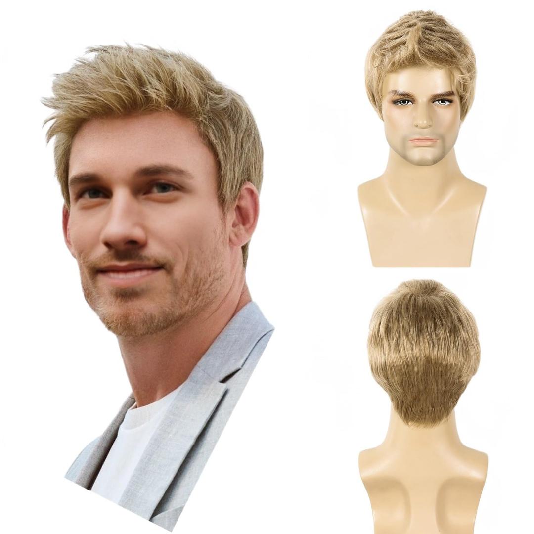 Mens Blonde Wig Short Straight Synthetic Blonde Hair Wigs for Male Guy Daily Wear Anime Costume Halloween Cosplay Party(Fit 21inch-22.5inch Head Circumference)