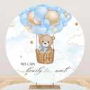 Bearly Wait Round Backdrop Cover Blue Bear Hot Air Balloons Girls Baby Shower Banner Circle Backdrop Studio Props 7.2ft