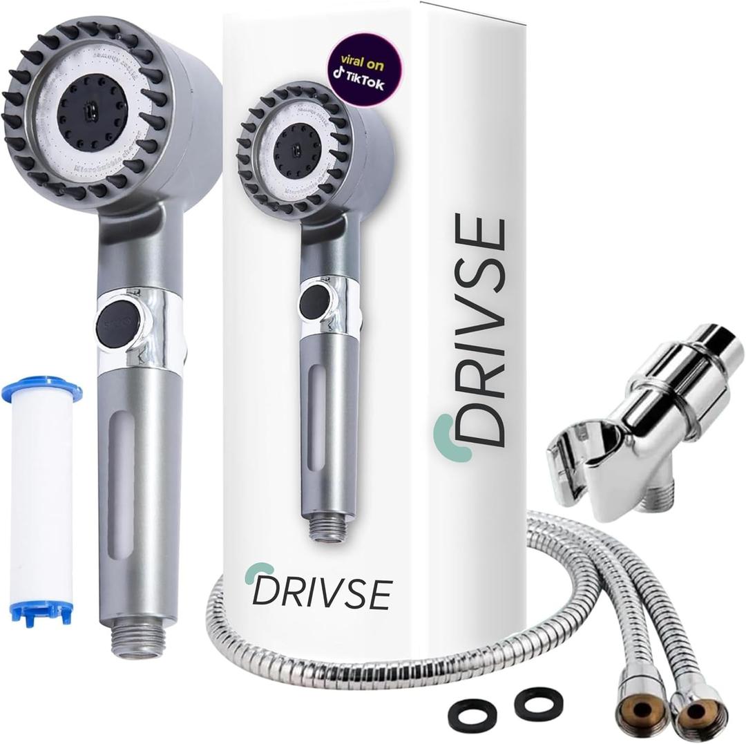 Original Drivse IonDrops Filtered Shower Head - High Pressure Shower Heads with 1 Replacement Filter, Detachable Handheld Showerhead with Long Flexible Hose Holder, Adjustable Bracket Showerhead
