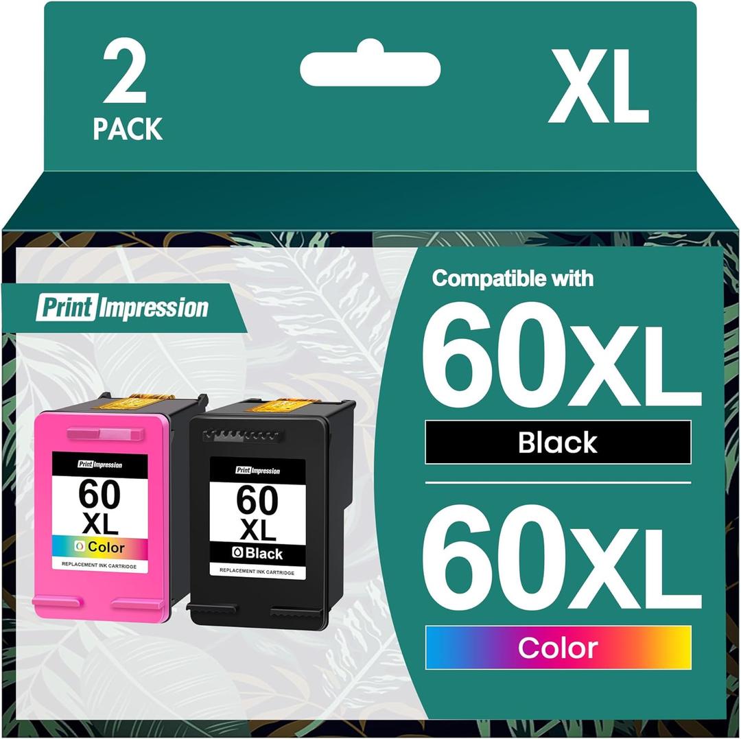 60XL Ink Cartridge Replacement for HP 60 Ink Cartridge Combo Pack Color and Black 60XL High Yield Work with PhotoSmart D110 C4780 C4680 C4795 Deskjet D2680 F2430 F4210 Envy 110 120 Printer (2 Pack)