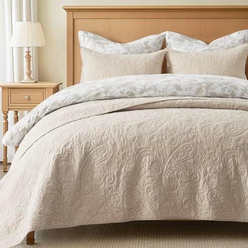 EVERGRACE 100% Cotton Paisley Quilt Set, Queen Size 3 Piece Set – Prewashed Lightweight Bedspread with 2 Shams, Soft & Breathable Matelasse Coverlet for All-Season Comfort, Flax Beige