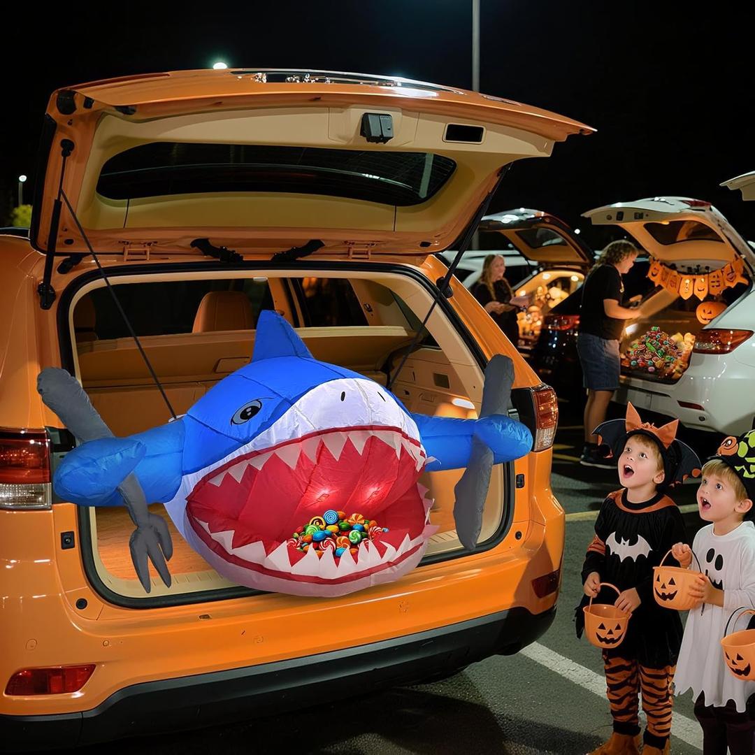 2025 Halloween Trunk or Treat Car Decorations, Shark-Themed Halloween Car Inflatable Decor, Built-in LED Lights & Candy Pocket for Outdoor Trunk Parties & Events