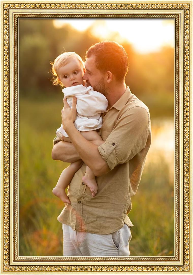 16x24 Gold Wood Frame , Elegant Ornate 24x16 Wooden Picture Frame with Love Heart, for 16 x 24inch Gallery Photo Pic with HD Plexiglass, 1.8in Widen 0.9in Thick, Horizontal Vertical Wall Display