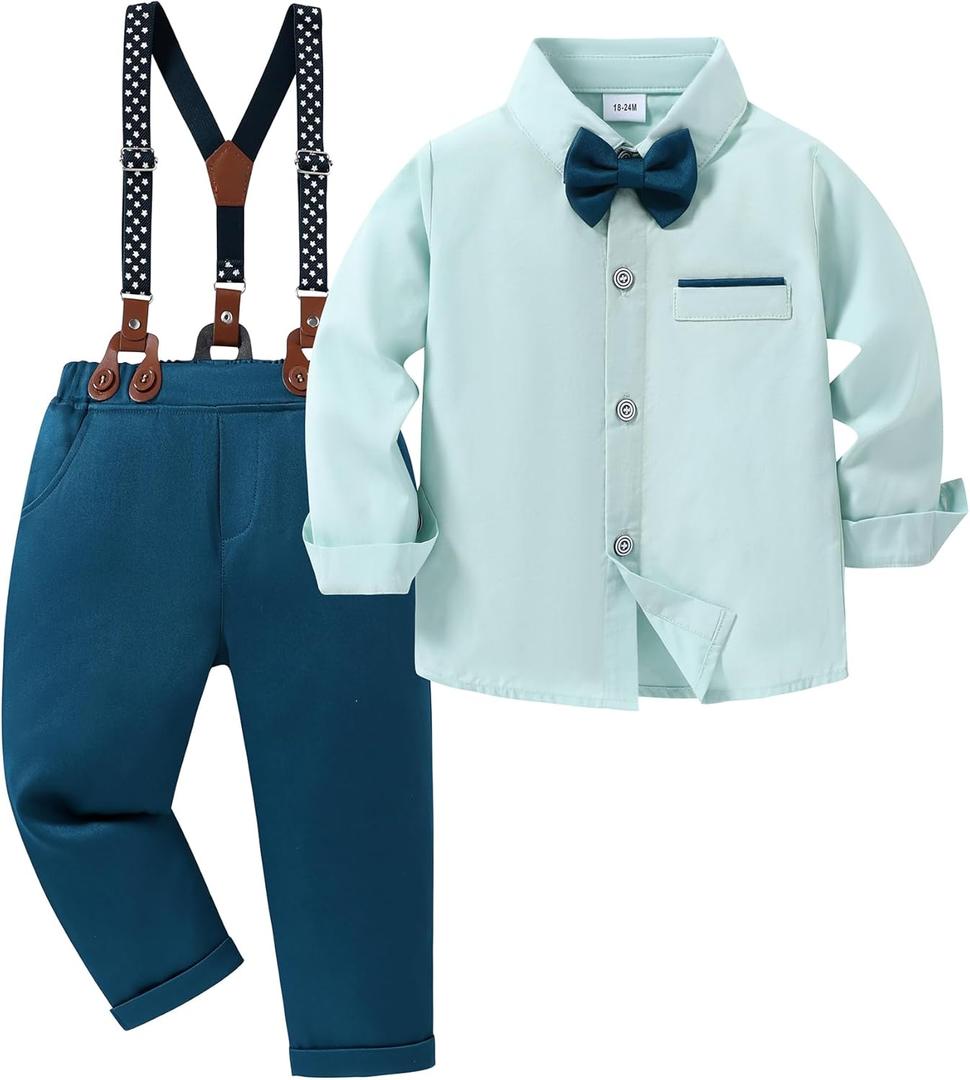 ZOEREA Toddler Baby Boy Suit Clothes Gentleman Wedding Outfits Long Sleeve Dress Shirt + Suspender Pants + Bowtie 1-5T (S)