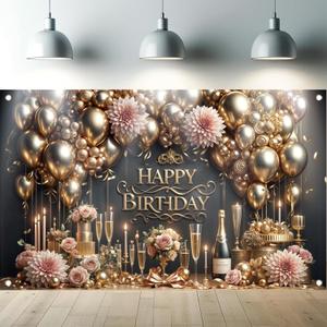 Luxury Happy Birthday Backdrop Black Gold Party Decoration Elegant Balloon Champagne Floral Banner for Women Men Birthday Celebration Photography Background Photo Booth 71 x 43 inch