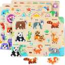 GRINNNIE Wooden Puzzles for Toddlers 3 4 5 Years Old, Montessori Toddler Toys 5PCS Peg Puzzles with Knob - Number, Alphabet, Shape, and Animal, Great Christmas Birthday Gifts for Boys Girls