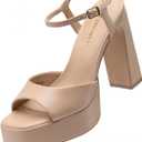 DREAM PAIRS Platform Heels for Women, Square Toe Chunky High Heels Ankle Strap Sandals for Wedding Party Formal Event (Beige), size 7.5