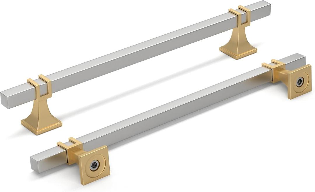 homdiy 6 Pack 7-1/2 Inch(192 mm) Hole Centers Brushed Nickel and Gold Cabinet Pulls Silver and Gold Cabinet Handles Zinc Alloy Brushed Nickel and Brass Dresser Drawer Pulls Kitchen Drawer Handles