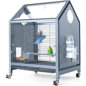 OIIBO Acrylic Bird Cage, 25 Inch Deluxe Rolling Bird Cage with Acrylic Panel Medium Bird Cage Kit with Bird Feeders, Water Bottle, Perch for Parrot Conures Lovebirds Finches Canaries Parakeets