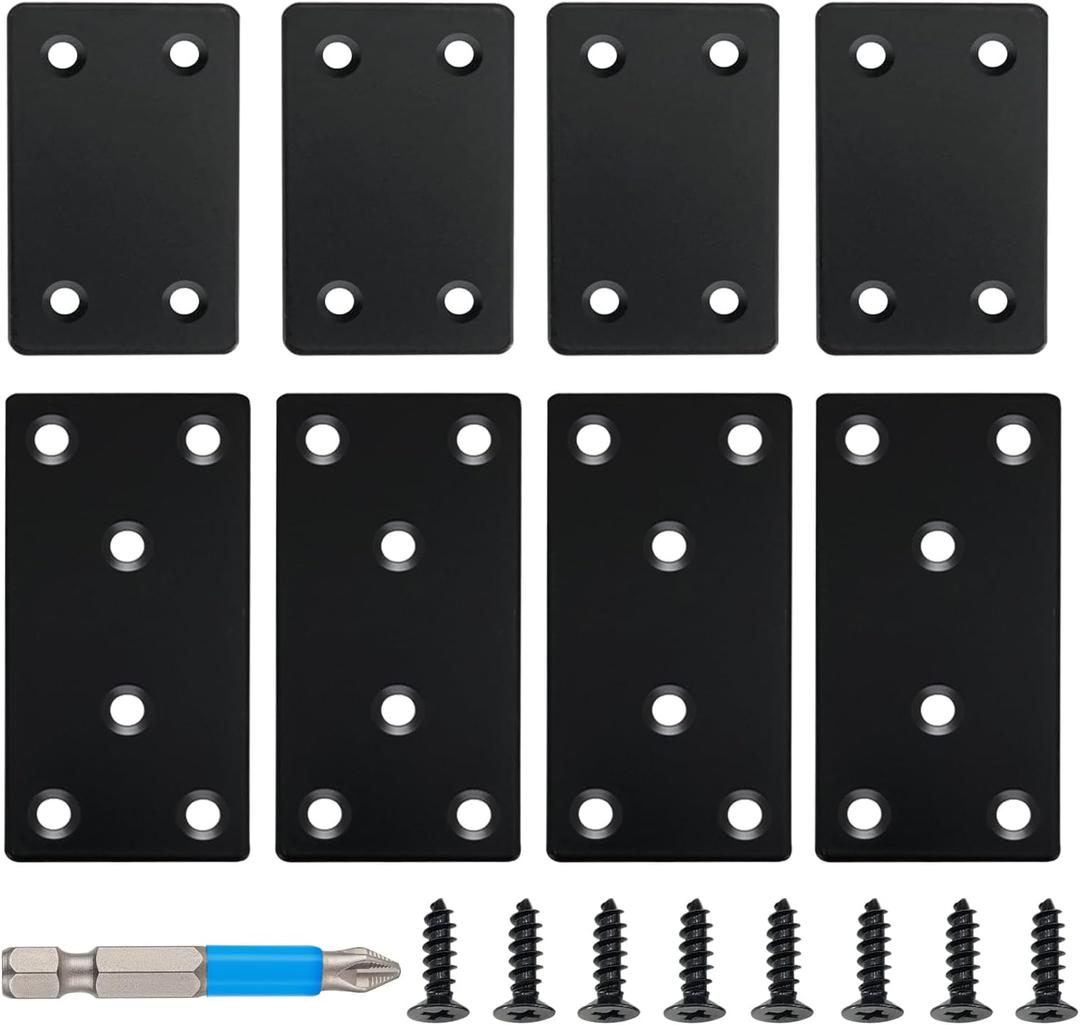 QSJ 8 Pack Black Flat Mending Plate 3.15x1.57 & 2.36x1.49'', Stainless Steel Bracket, Straight Metal Brace Bracket, Fixing Joining Plate for Wood Furniture Fastening & Fixing