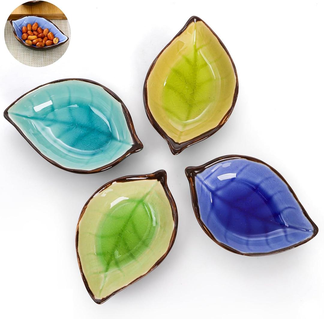 Jucoan 7 Pack Ceramic Soy Sauce Dish, 4 Inch 2 Oz Leaf Shape Small Sauce Dish Salsa Dipping Bowls for Charcuterie Board, Taco, Party, Mini Pinch Bowl for Sushi Oil Vinegar Ketchup Paste Jam