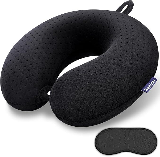 Black Travel Neck Pillow Memory Foam Airplane Pillow for Neck and Head Support Soft Portable U Shape Neck Pillow for Plane, Car & Home Office Use