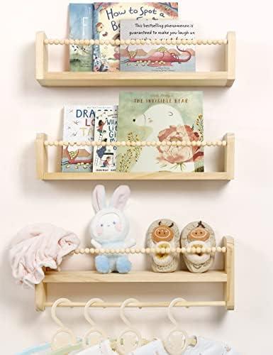 Maxpeuvon Nursery Floating Shelves for Wall, Set of 1 Book Shelves Natural Wood Wall Mounted Organizer with Towel Bar Hanging Bookshelves Nursery Decor for Kids Room, Bedroom and Kitchen