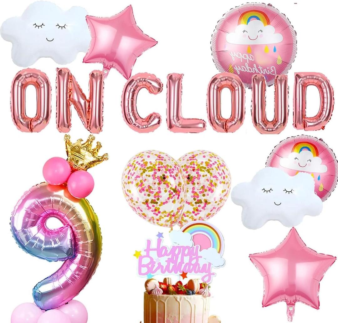 LaVenty On Cloud 9 ROSE GOLD Balloons Banner On Cloud Nine Birthday Party Decorations for 9 Year Old Girl 9th Birthday Party Invite Decorations