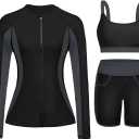 Women 3 Piece Rash Guard - Long Sleeve Swimsuit Built in Bra Swim Shirt Zip Bathing Suit with Pocket Shorts (Large, Black and Gray)