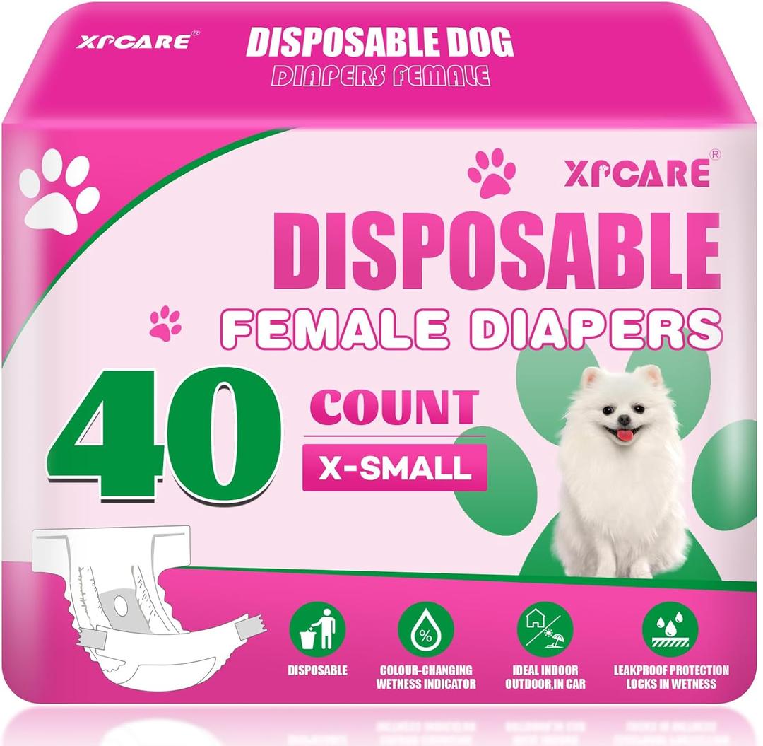 XPCARE 40 Count Disposable Female Dog Diapers, Super Absorbent, Leak Proof, Dog Diapers,Dog Period Diaper Female, for Incontinence, Estrus Female Dogs (X-Small)