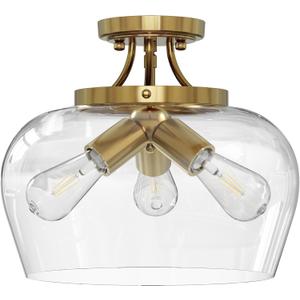 VONLUCE Semi Flush Mount Ceiling Light, 13.8" Ceiling Light Fixture with Clear Glass Shade, E26 Base, 3-Bulb Industrial Lighting Fixture for Hallway Entryway Bedroom, Brushed Gold, ETL Certificated