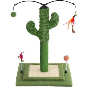 YUNIQUE Cactus Cat Scratching Post with Sisal Rope, Small Cat Tree with Dangling Balls & Feather for Kittens (Green, 22.8'')
