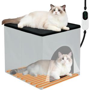 Heated Cat House for Indoor/Outdoor, Foldable Heated Cat Bed with Heating Pad, Adjustable Temp&Timing, Waterproof Cube Warming Cats Cave Bed for Indoor Kitty Puppy Small Pet Hideaway in Winter