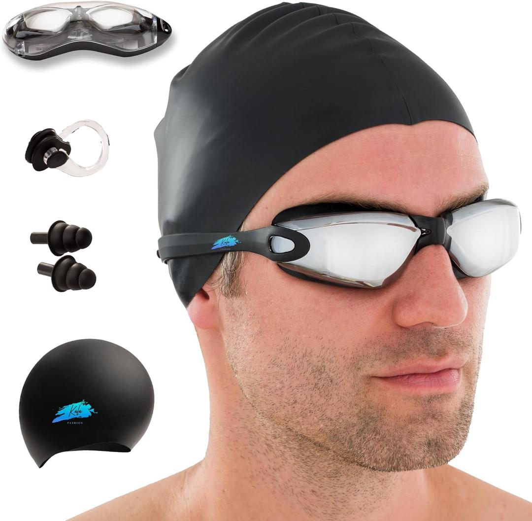 5 in1 Swim Goggles Set with Cap, Earplugs, Nose Clip & Case  Anti-Fog UV Protection Goggles for Men & Women (Grey)