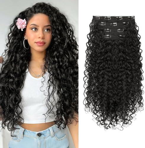 Clip in Hair Extensions, FLUFYMOOZ 4PC 100％ Pure Protein Silk Hair Extensions Long Soft Natural Hairpiece 20 Inch Curly Hair Extension for Women (Black Brown)