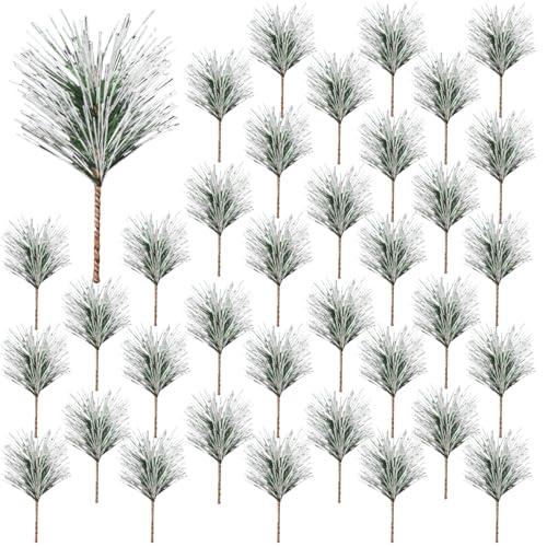 YGbridge Artificial Green Pine Needles Branches, 50 PCS Small Pine Twigs Stems Picks, Fake Greenery Pine Picks for Christmas Garland, Wreath, Home Holiday Decoration (50, Green White)