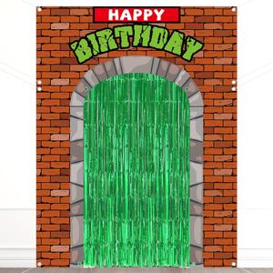 5Pcs Turtle Porch Sign Banners with Green Tinsel Foil Fringe Curtains Turtle Theme Party Decorations Door Covers Hanging Banners Turtles Party Photo Backdrop for Kids Birthday Indoor Outdoor Supplies
