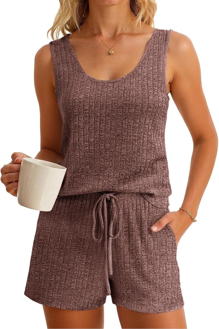 Imily Bela Womens Pajama Sets 2 Piece Sleeveless Summer Pjs Ribbed Knit Tank Top and Shorts Cute Lounge Sleepwear (Small, Coffee)