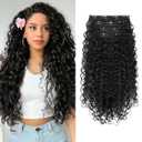 Clip in Hair Extensions, FLUFYMOOZ 4PC 100 Pure Protein Silk Hair Extensions Long Soft Natural Hairpiece 20 Inch Curly Hair Extension for Women (Black Brown)