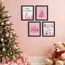 DSHFG Pink Christmas Tree Pictures Wall Decor Prints, Pink Christmas Bathroom Bedroom Wall Art Posters, Xmas Decorations for Home Bathroom Bedroom Living Room 4Pcs, 8x10 Unframed